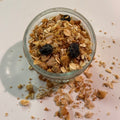 Bowl of Burlyman Original Protein Granola with grass-fed whey, blueberries, and walnuts
