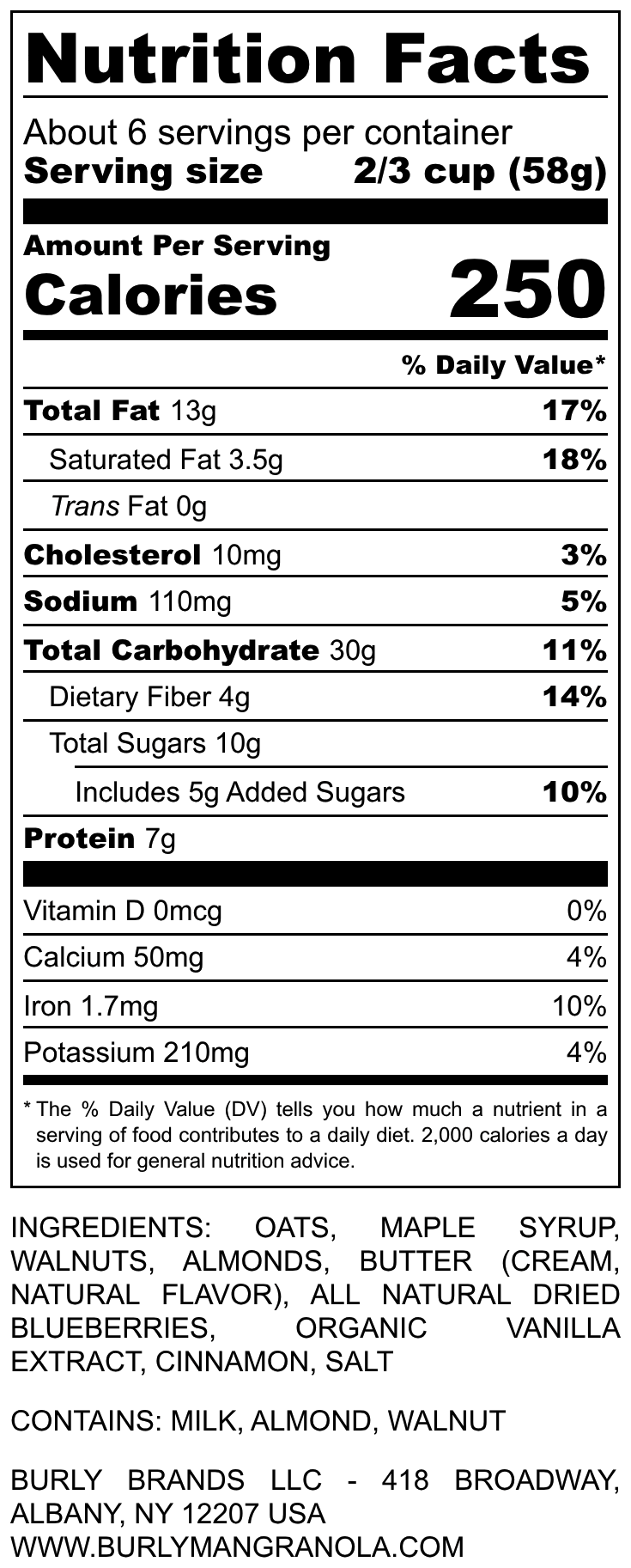 Burlyman Original Recipe Granola nutrition facts label — 7g protein per serving