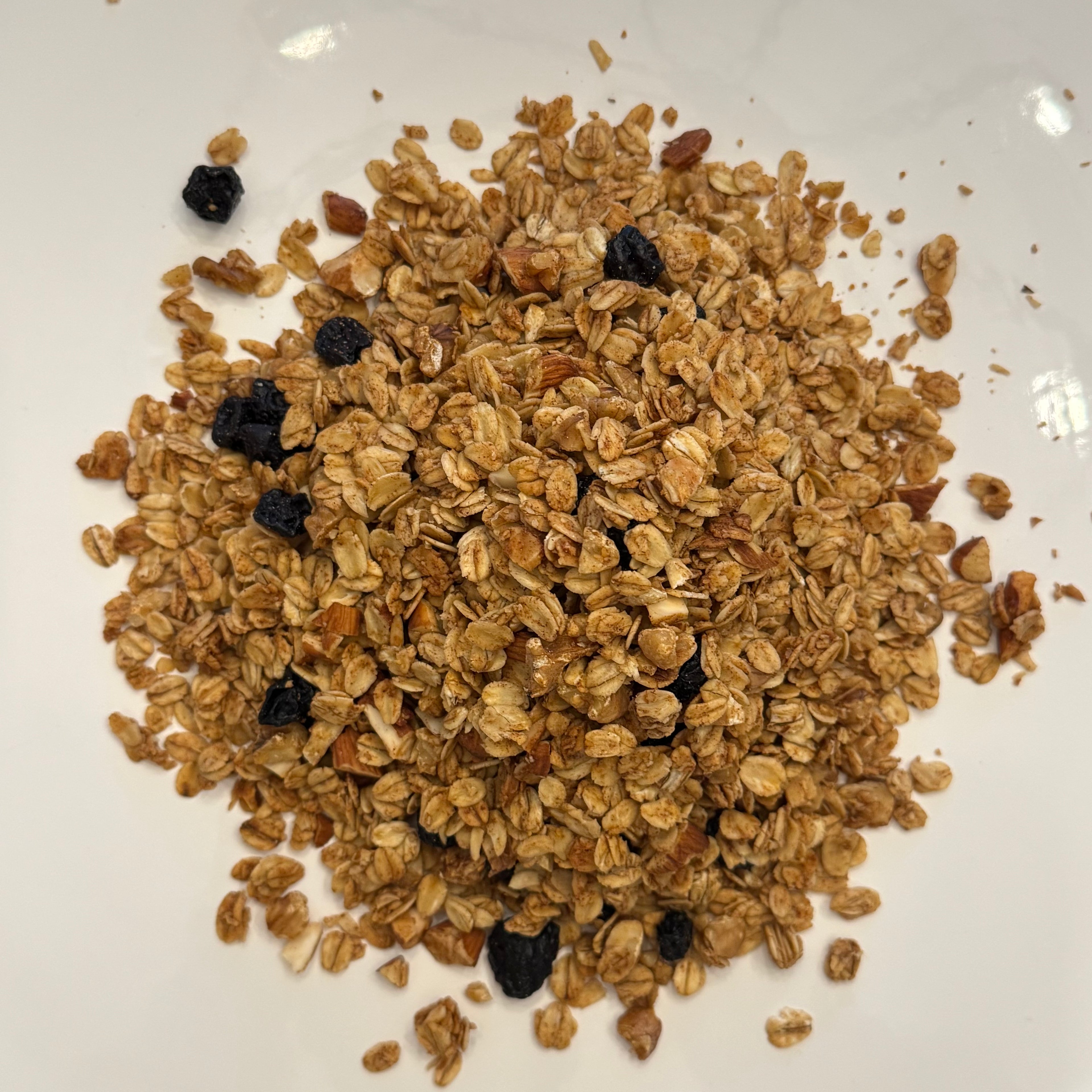 Burlyman Original Recipe Granola close-up showing oat clusters and dried blueberries